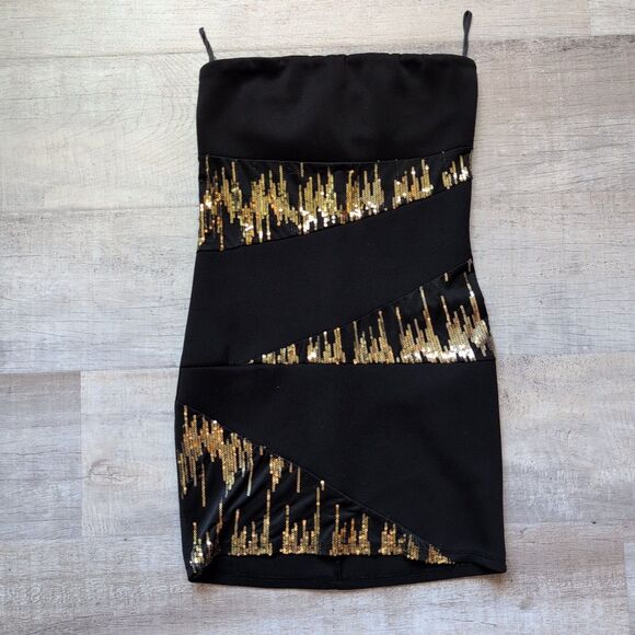 Cefian Women’s Bodycon Black Gold Squin Pattern Mini Dress Size S Sleeveless - Picture 1 of 6